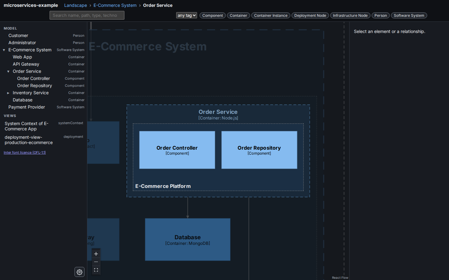 The same view in the dark theme: dark panels and canvas, the component boxes keep their light blue fill and black text, and the frame name Order Service is drawn in a lighter blue so it stays readable on the dark canvas.